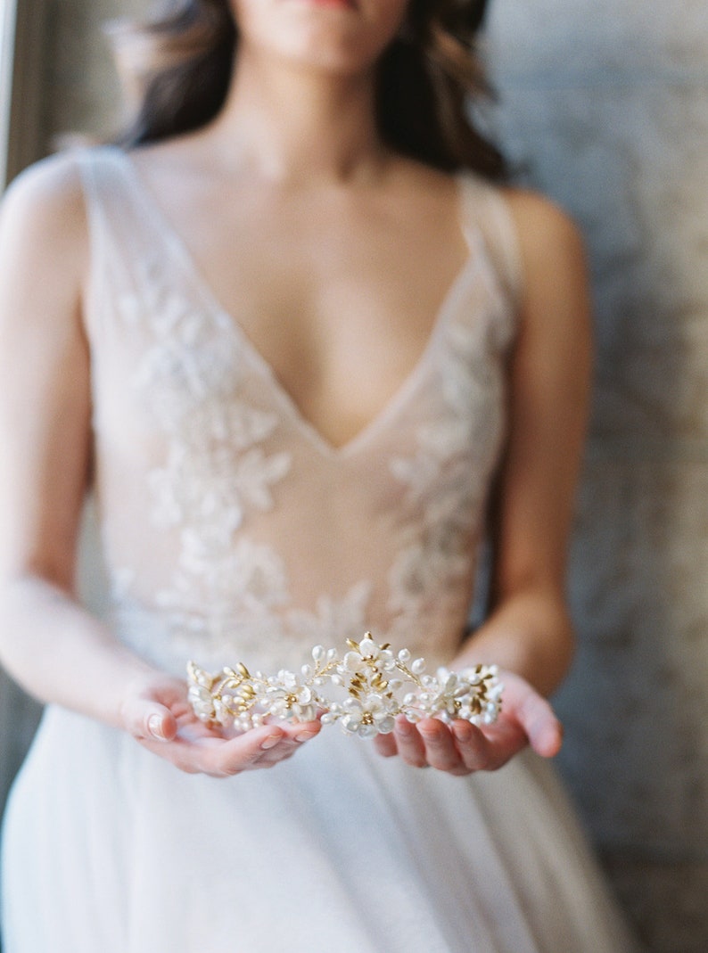 floral wedding crown, floral bridal tiara, pearl bridal crown, pearl wedding headpiece JOSEPHINE image 9