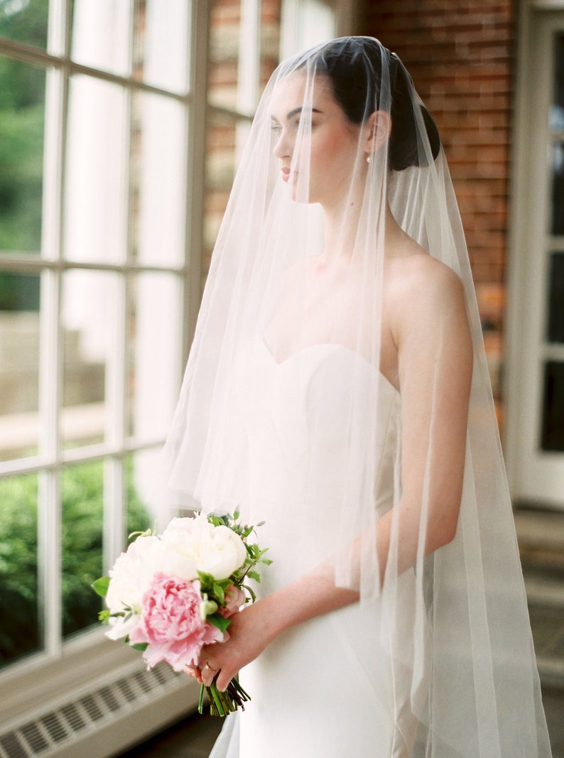 wedding veil with blusher, bridal veil, 2 tier wedding veil, blusher veil, drop veil, simple wedding veil, sheer wedding veil ARIA image 2