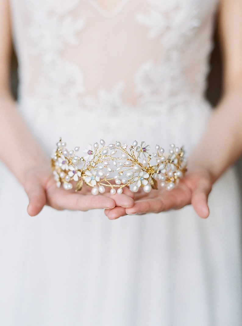 floral wedding crown, gold pearl bridal crown, statement wedding crown BEATRICE image 2