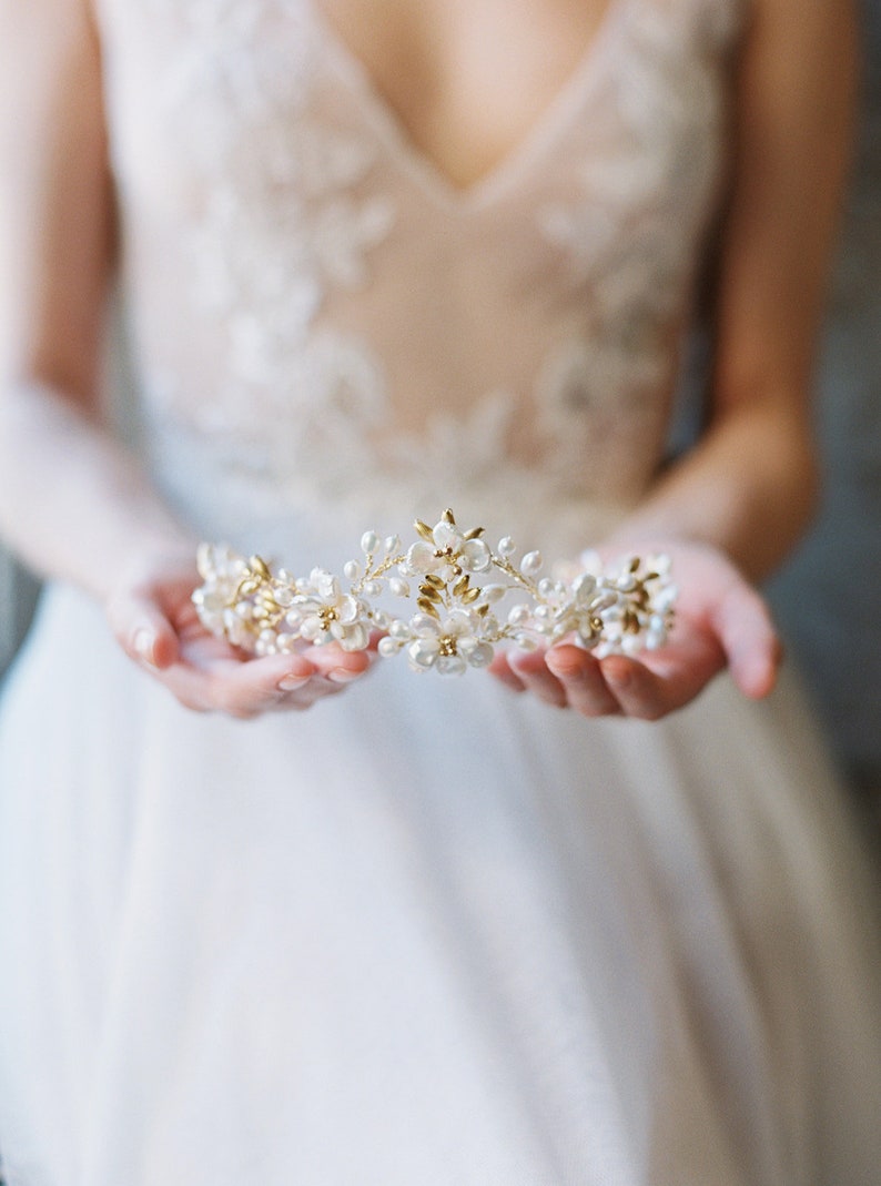 floral wedding crown, floral bridal tiara, pearl bridal crown, pearl wedding headpiece JOSEPHINE image 4