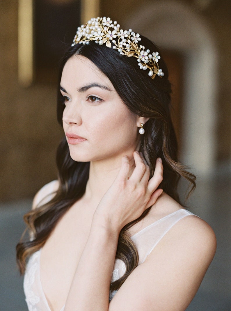 floral wedding crown, gold pearl bridal crown, statement wedding crown BEATRICE image 7