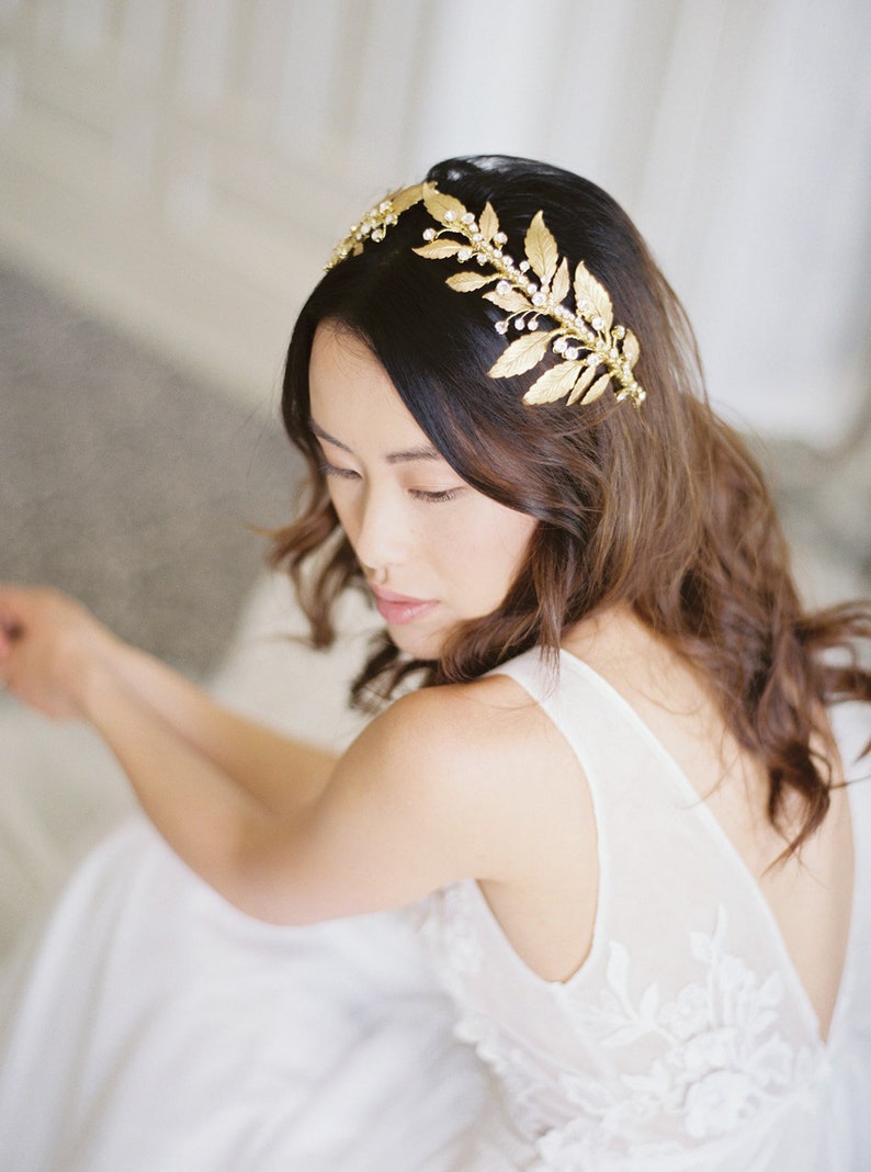 gold wedding crown, gold bridal headpiece, crystal hair piece, gold crystal crown, gold leaf crown DIANA image 2