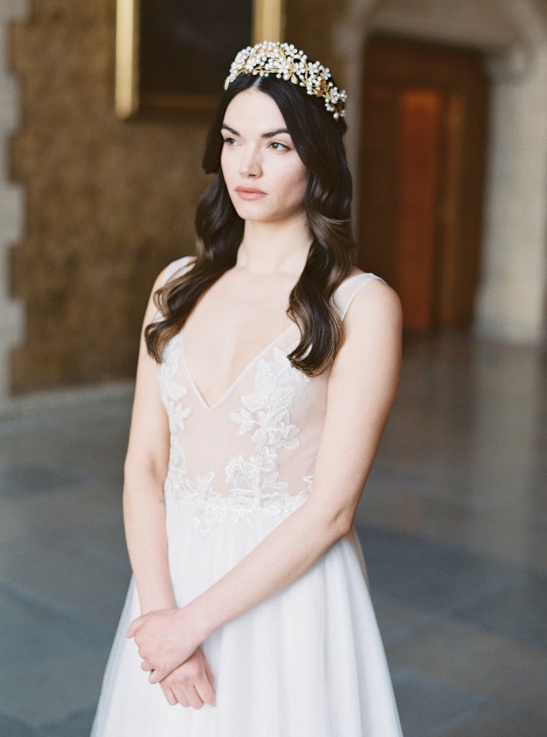 floral wedding crown, gold pearl bridal crown, statement wedding crown BEATRICE image 5