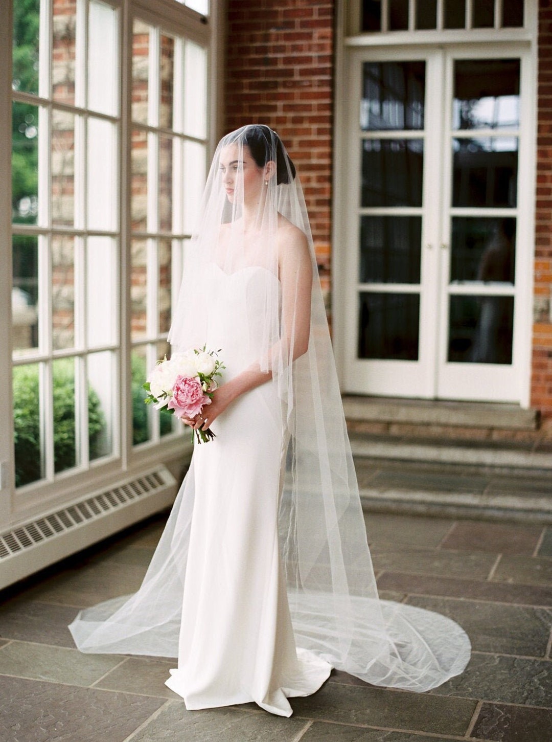 One Blushing Bride Two Tier Drop Wedding Veil, Long Veil with Blusher, Double Layer Ivory / Fingertip 35-40 Inches