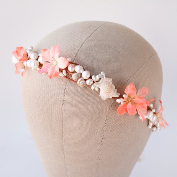 seashell crown, beach wedding crown, seashell headband, seashell headpiece, seashell hair piece, seashell flower crown - CORALIE