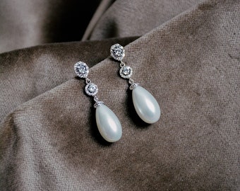 pearl and crystal bridal earrings, pearl drop earrings, pearl dangle earrings, pearl wedding earrings - AYA