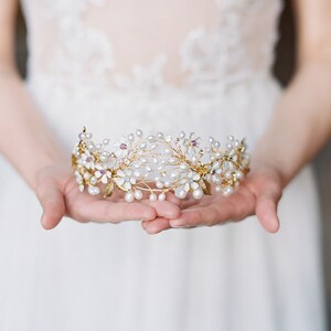 floral wedding crown, gold pearl bridal crown, statement wedding crown BEATRICE image 8