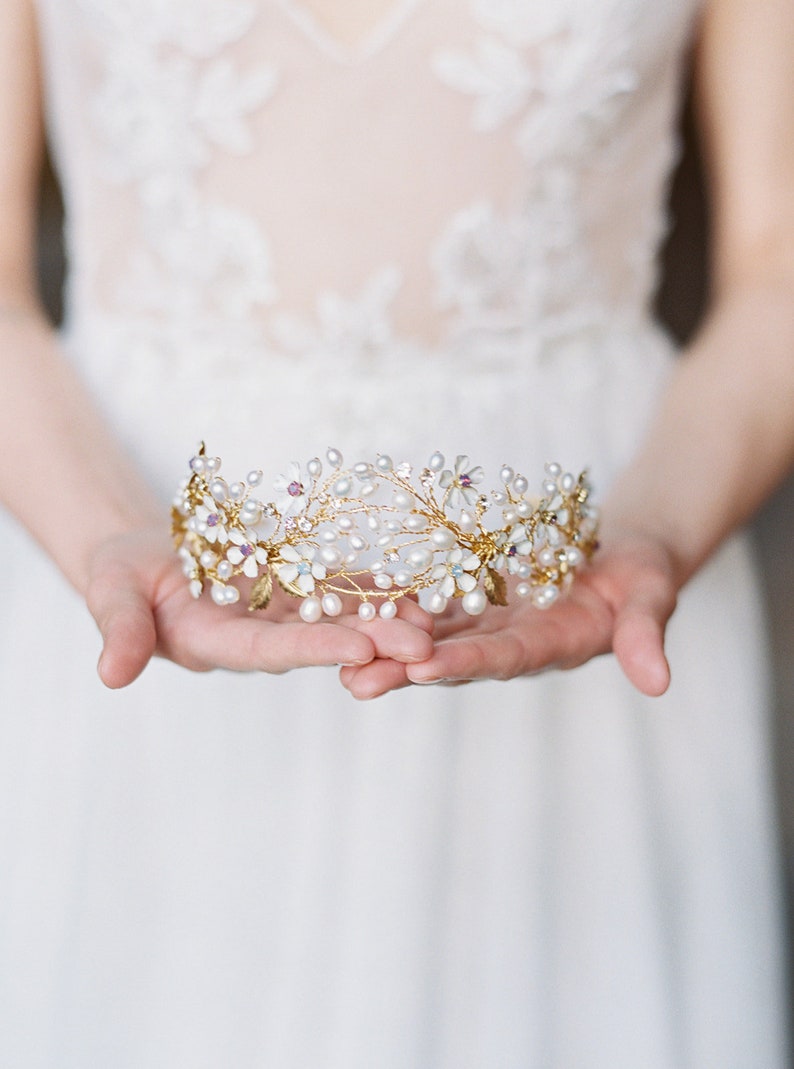 floral wedding crown, gold pearl bridal crown, statement wedding crown BEATRICE image 8