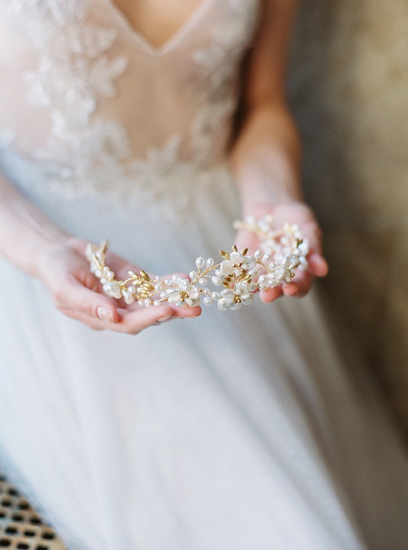 floral wedding crown, floral bridal tiara, pearl bridal crown, pearl wedding headpiece JOSEPHINE image 3