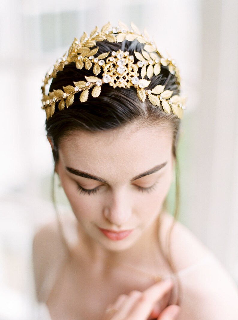 gold wedding crown, gold bridal crown, bridal headpiece, gold crystal wedding headpiece, gold crown, gold tiara, crystal crown ALEXANDRIA image 9
