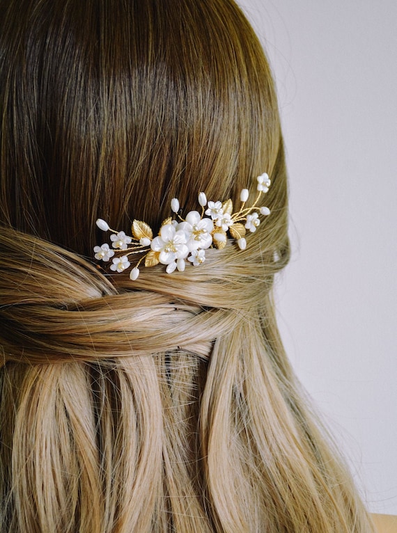 wedding hair comb, bridal headpiece, gold wedding hair accessories, bridal hair comb, small hair comb, gold bridal comb, floral comb ETTIE