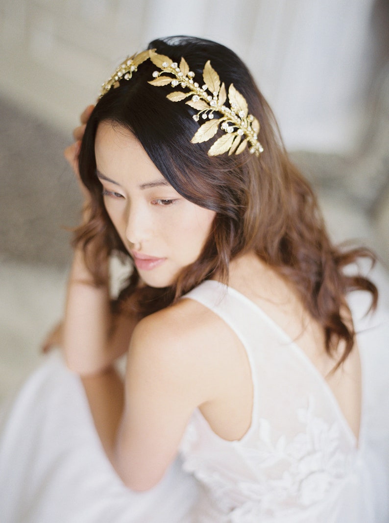gold wedding crown, gold bridal headpiece, crystal hair piece, gold crystal crown, gold leaf crown DIANA image 1