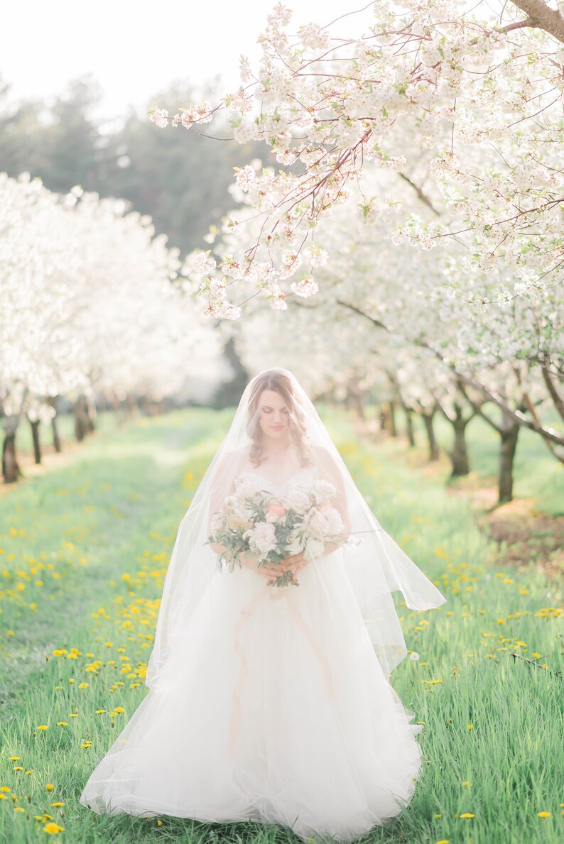 Puede incluir: Una novia con un vestido de novia blanco y velo se encuentra en un campo de hierba verde y flores amarillas. Lleva un ramo de flores blancas y rosas. El fondo es una hilera de &aacute;rboles de cerezo en flor.