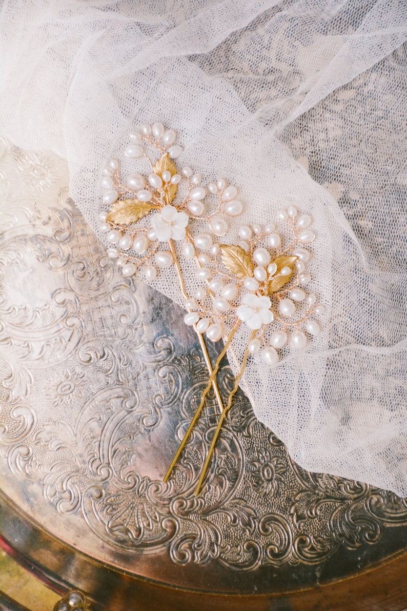 set of 2 gold hair pins wedding hair pins flower hair pins MIA gold headpiece bridal headpiece bridal hair pins floral hair pins