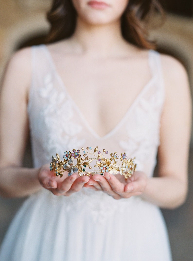 floral tiara, bridal tiara, wedding crown, colourful gold floral headpiece with butterflies TITANIA image 6