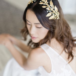 gold wedding crown, gold bridal headpiece, crystal hair piece, gold crystal crown, gold leaf crown DIANA image 6