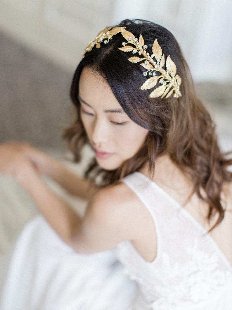 gold wedding crown, gold bridal headpiece, crystal hair piece, gold crystal crown, gold leaf crown DIANA image 6