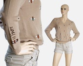 BEE HAPPY acrylic wool beige tan light brown v neck sweater top embroidered orange green bees vintage 90s 1990s hipster size womens SMALL