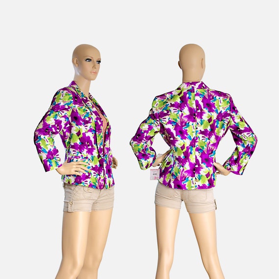 floral silk blazer purple green turquoise flowers… - image 2