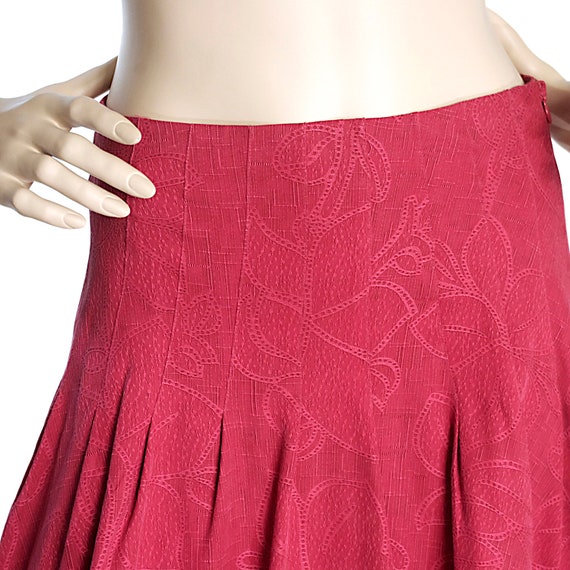 red silk flared floral flowers skirt knee midi lo… - image 3