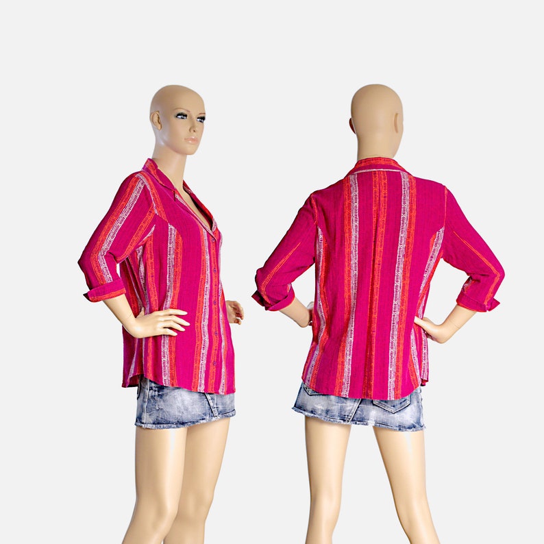 red orange magenta stripes striped fitted shirt cotton top blouse retro vintage 80s 1980s summer streetwear hippy hipster size womens MEDIUM