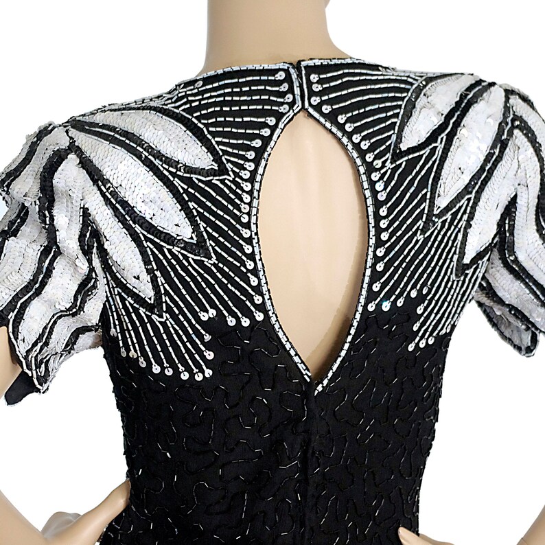 black white beaded sequinned cocktail mini party dress silk tulip flower sleeves pencil fitted STENAY vintage 80s 1980s size womens XSMALL