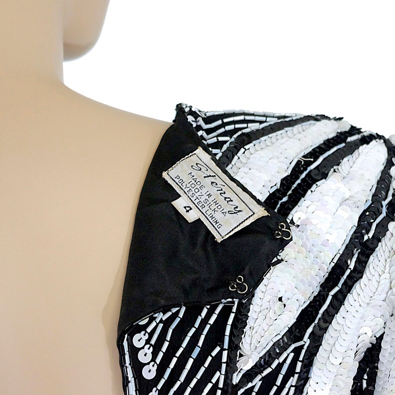 black white beaded sequinned cocktail mini party dress silk tulip flower sleeves pencil fitted STENAY vintage 80s 1980s size womens XSMALL