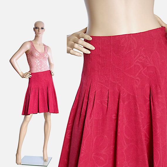 red silk flared floral flowers skirt knee midi lo… - image 1
