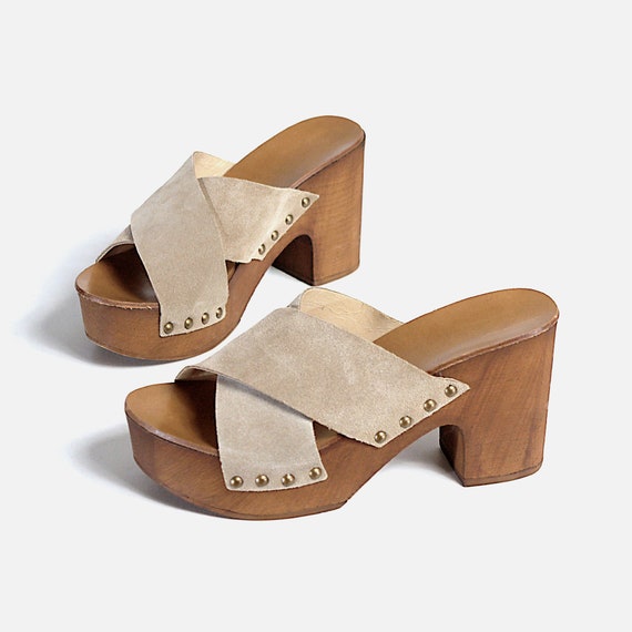US size 7 womens wood wooden-like platforms mules