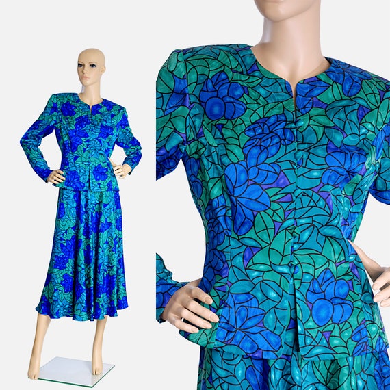 blue green silk suit skirt set dress floral flowe… - image 1