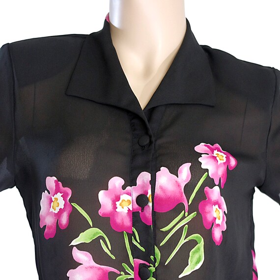 pink peony black blouse sheer crop cropped top fl… - image 3