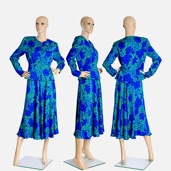 blue green silk suit skirt set dress floral flowe… - image 2