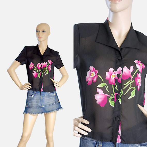 pink peony black blouse sheer crop cropped top fl… - image 1