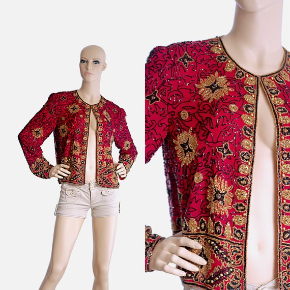 red beaded silk blazer crop cropped top black gold