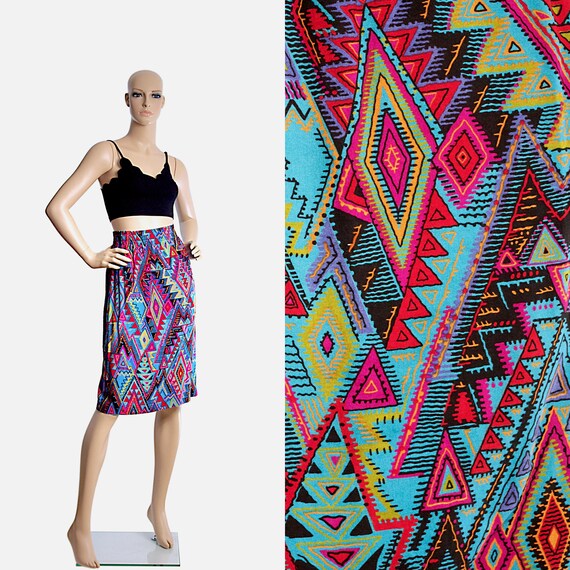 Pencil Skirt Midi Neon Rainbow Abstract Tribal Geometric Print