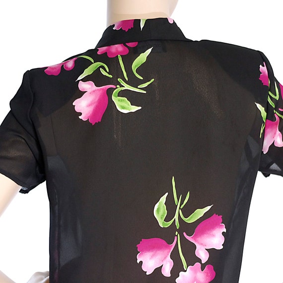 pink peony black blouse sheer crop cropped top fl… - image 4