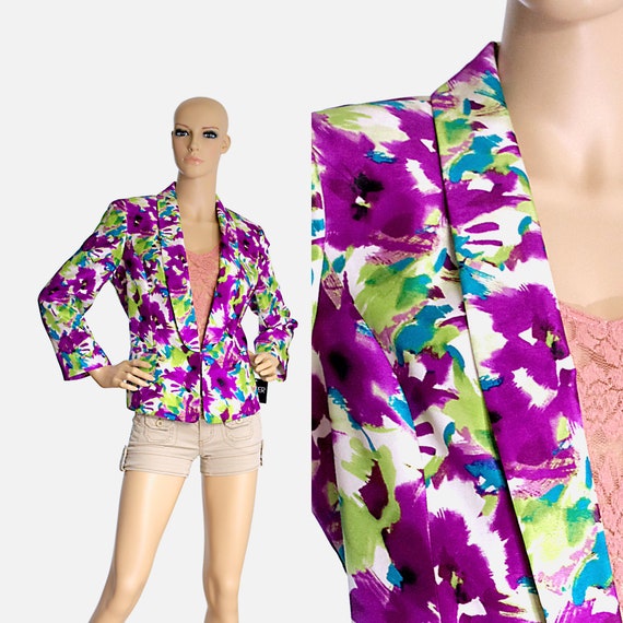 floral silk blazer purple green turquoise flowers… - image 1