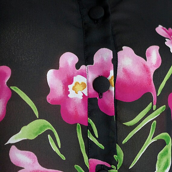 pink peony black blouse sheer crop cropped top fl… - image 5