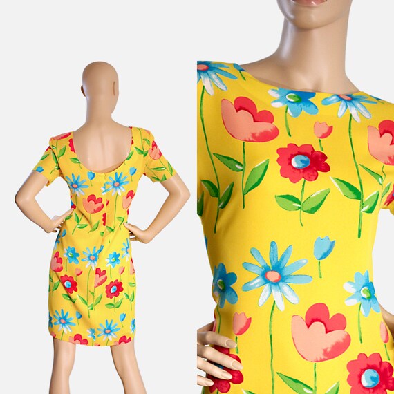 yellow dress with blue flowers