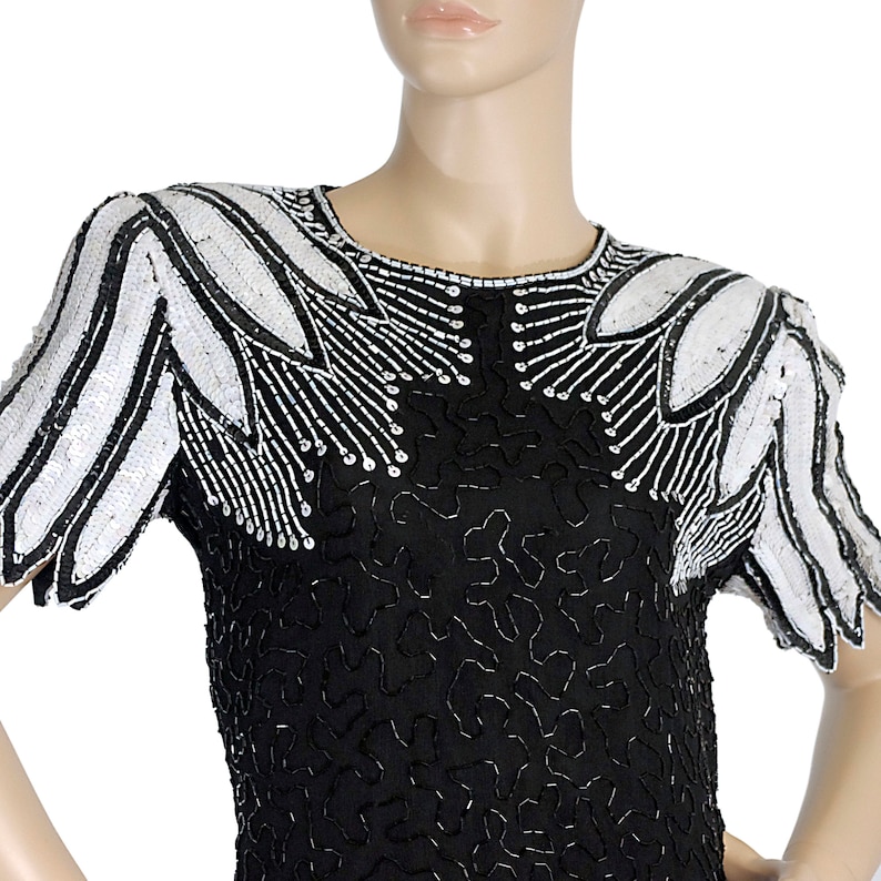 black white beaded sequinned cocktail mini party dress silk tulip flower sleeves pencil fitted STENAY vintage 80s 1980s size womens XSMALL
