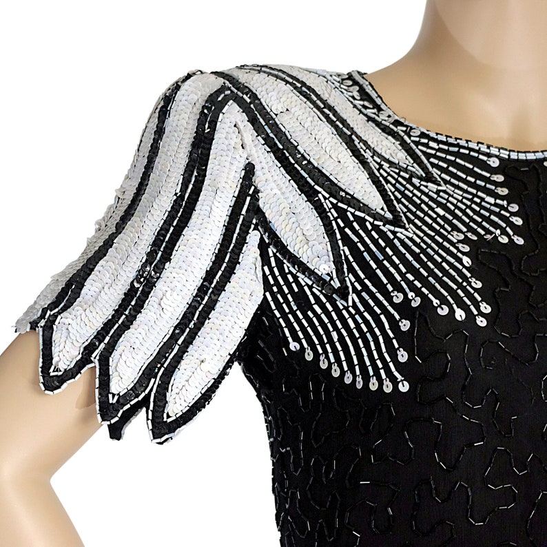 black white beaded sequinned cocktail mini party dress silk tulip flower sleeves pencil fitted STENAY vintage 80s 1980s size womens XSMALL