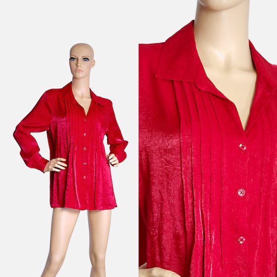 scarlet red silk-like shimmering sparkling blouse… - image 1