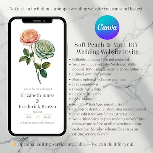 Pode incluir: Um smartphone exibe um convite de casamento com rosas pêssego e menta. O convite inclui os nomes Elizabeth Jones e Frederick Brown, a data 28 de agosto de 2026 e a hora. O logotipo da Canva é visível.