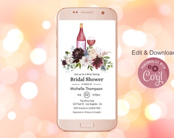 Burgundy and Blush Smart Phone, WhatsApp Text Message, Email Wine Tasting Bridal Shower Digital Invitation