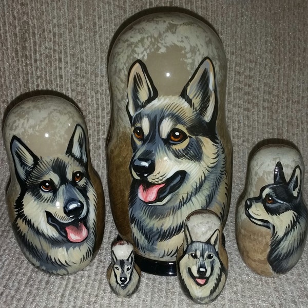 Norwegian Vallhund on Five Russian Nesting Dolls. Dogs.