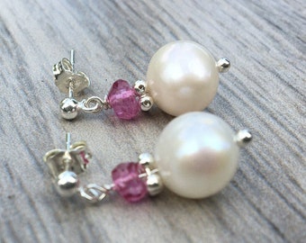 Pink Topaz and Freshwater Pearl Earrings - Sterling Silver