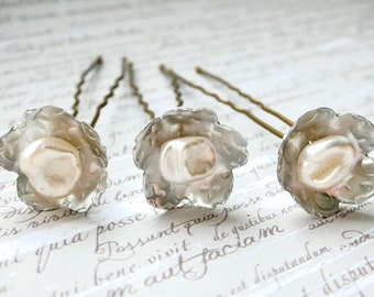 Keshi Pearl Wedding Hair Pins: Silver Flower Bridal Accessories (Set of 3)