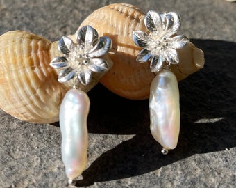 Sterling Silver Flower Earrings, Biwa Pearl Drop, June Birthstone