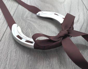 Personalised Lucky Real Horseshoe Gift with Brown Satin Ribbon, Newlywed, Wedding, Christening, Housewarming, Bridal Good Luck Present