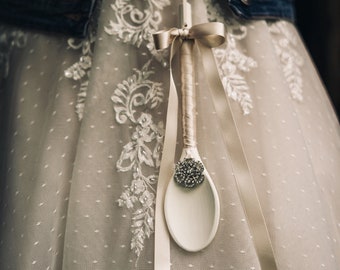 Personalised Wedding Spoon: Cream Wood, Satin Ribbon & Diamanté Rose